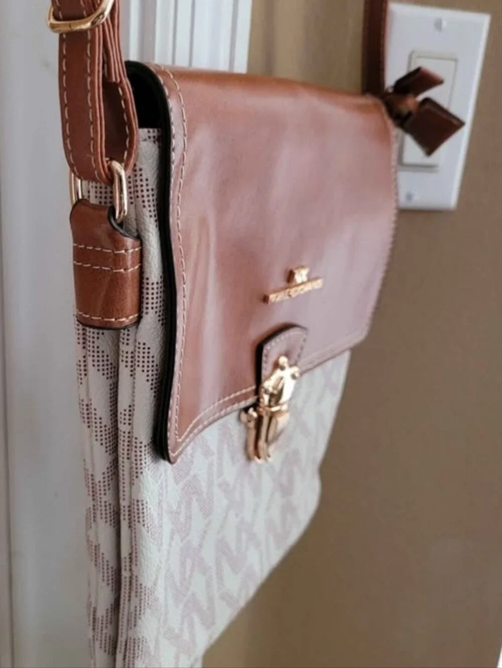 Nobel EXCHANGE Brown & White Logo Crossbody Bag with Gold Hardware